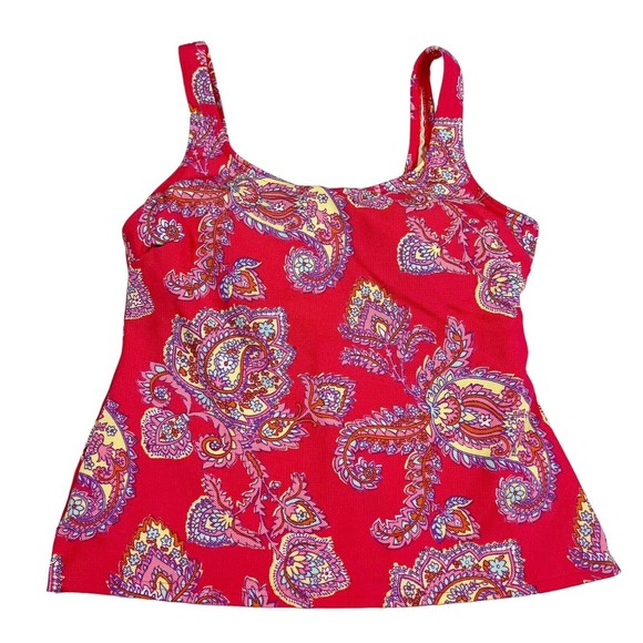 Lands' End Sz 10 Tankini Swim Top Red Floral & Paisley Padded Bra Square Neck - Picture 2 of 9